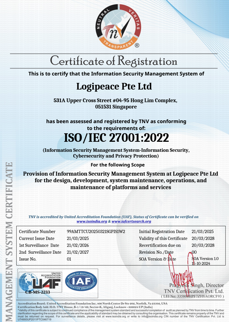 Logipeace ISO/IEC Certificate